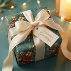 Vintage teal Christmas wrapping paper with a cream satin bow and holiday tag by Wrapped Studios.
