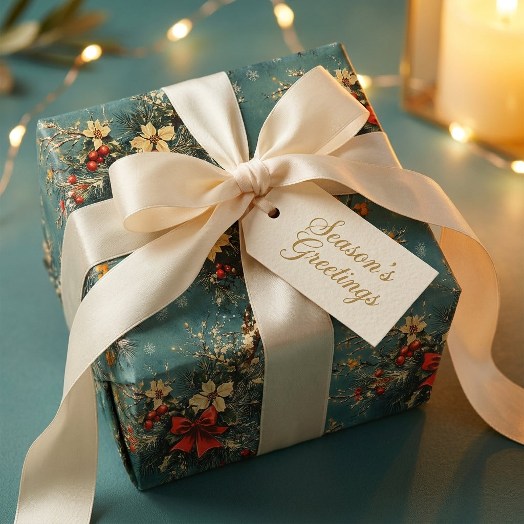 Vintage teal Christmas wrapping paper with a cream satin bow and holiday tag by Wrapped Studios.