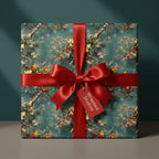 Luxury Christmas wrapping paper with vintage pine pattern and red satin bow, by Wrapped Studios.