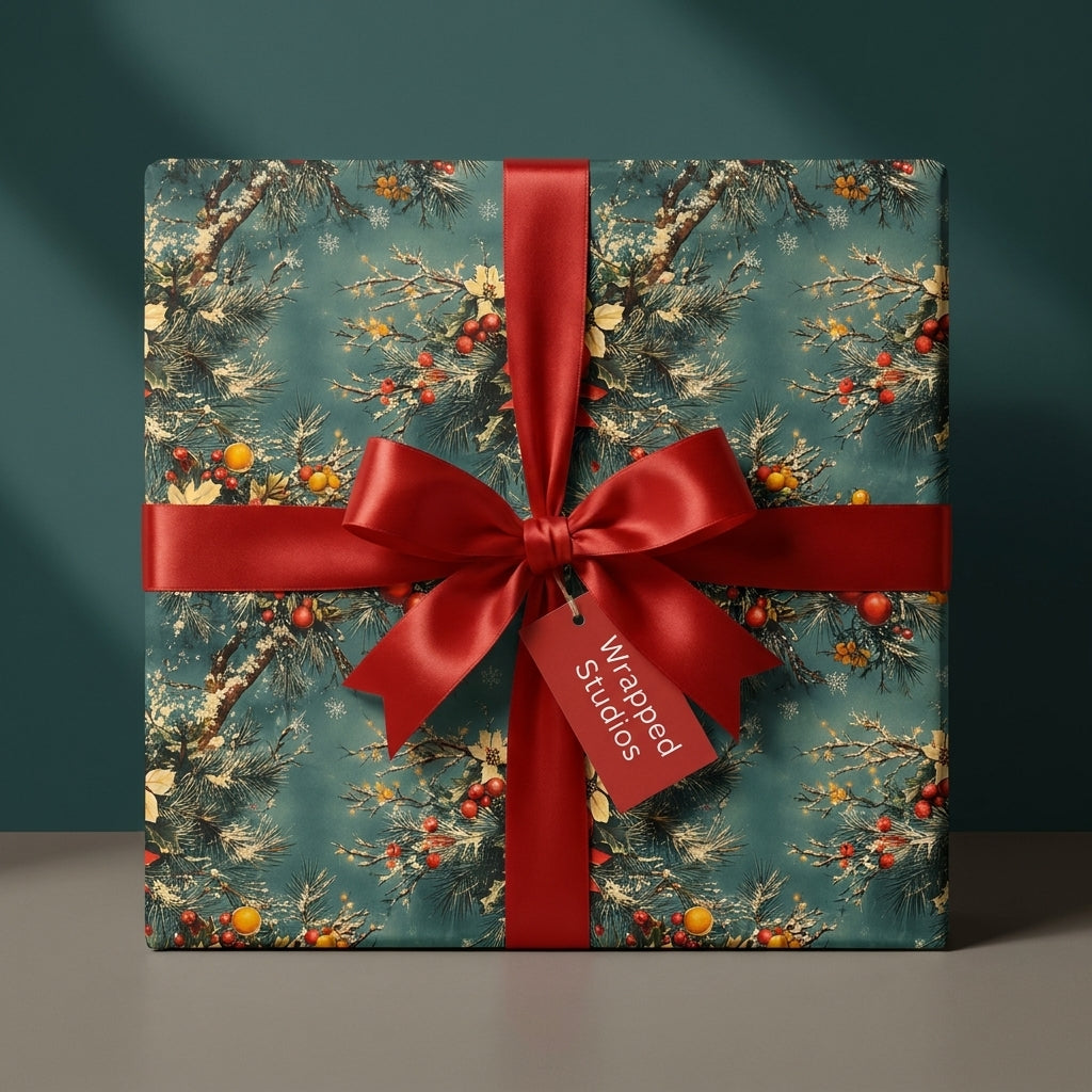 Luxury Christmas wrapping paper with vintage pine pattern and red satin bow, by Wrapped Studios.