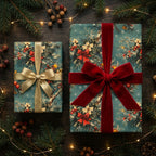 Elegant green Christmas gift wrap with pine patterns, red velvet and gold ribbons by Wrapped Studios.