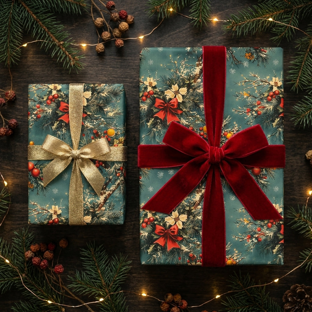 Elegant green Christmas gift wrap with pine patterns, red velvet and gold ribbons by Wrapped Studios.