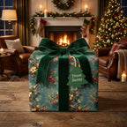 Vintage floral Christmas wrapping paper by Wrapped Studios on a gift with a green velvet bow by the fireplace.