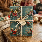 Vintage teal Christmas wrapping paper with a pine needle pattern and Noel tag by Wrapped Studios.