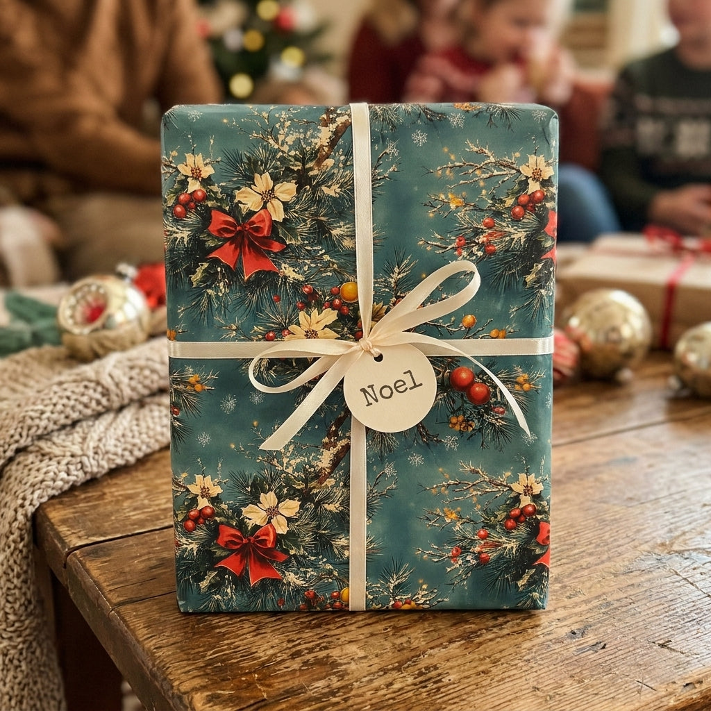 Vintage teal Christmas wrapping paper with a pine needle pattern and Noel tag by Wrapped Studios.