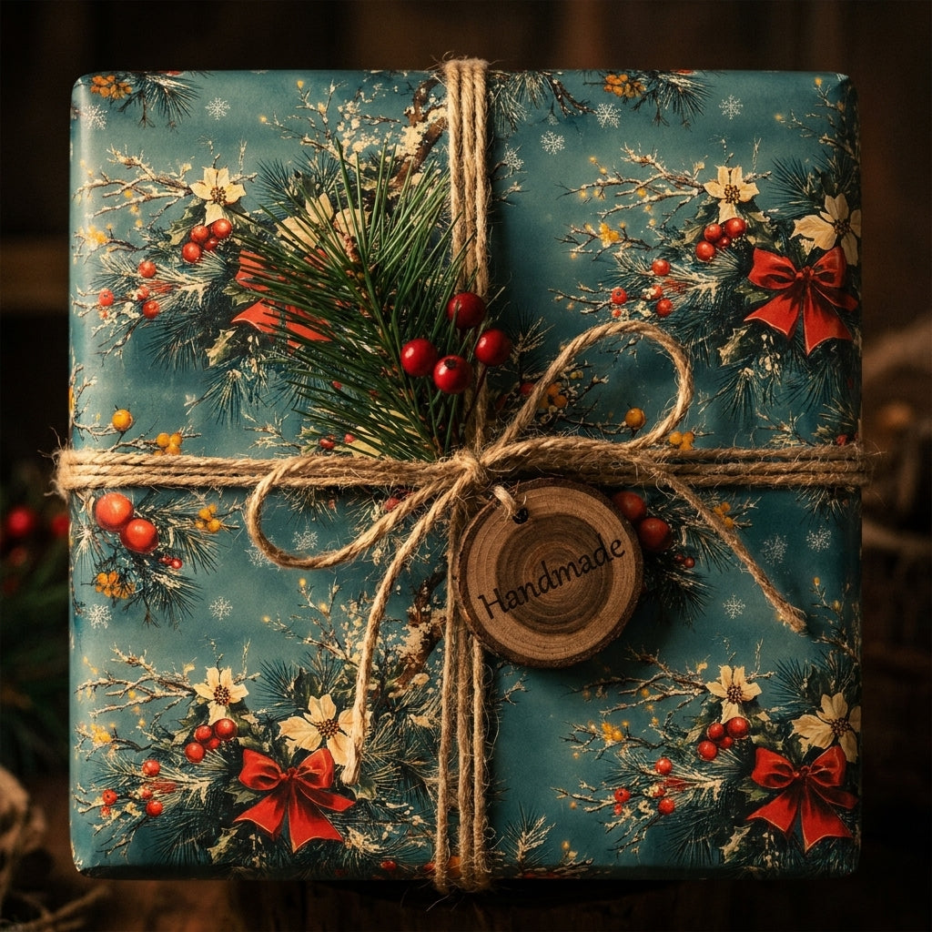 Rustic Christmas gift wrap by Wrapped Studios, featuring teal vintage pine pattern, twine, and wood tag.