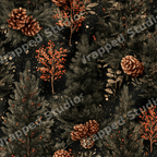 Moody botanical Christmas pattern with pine trees, rustic pinecones, and red berries on a dark background.