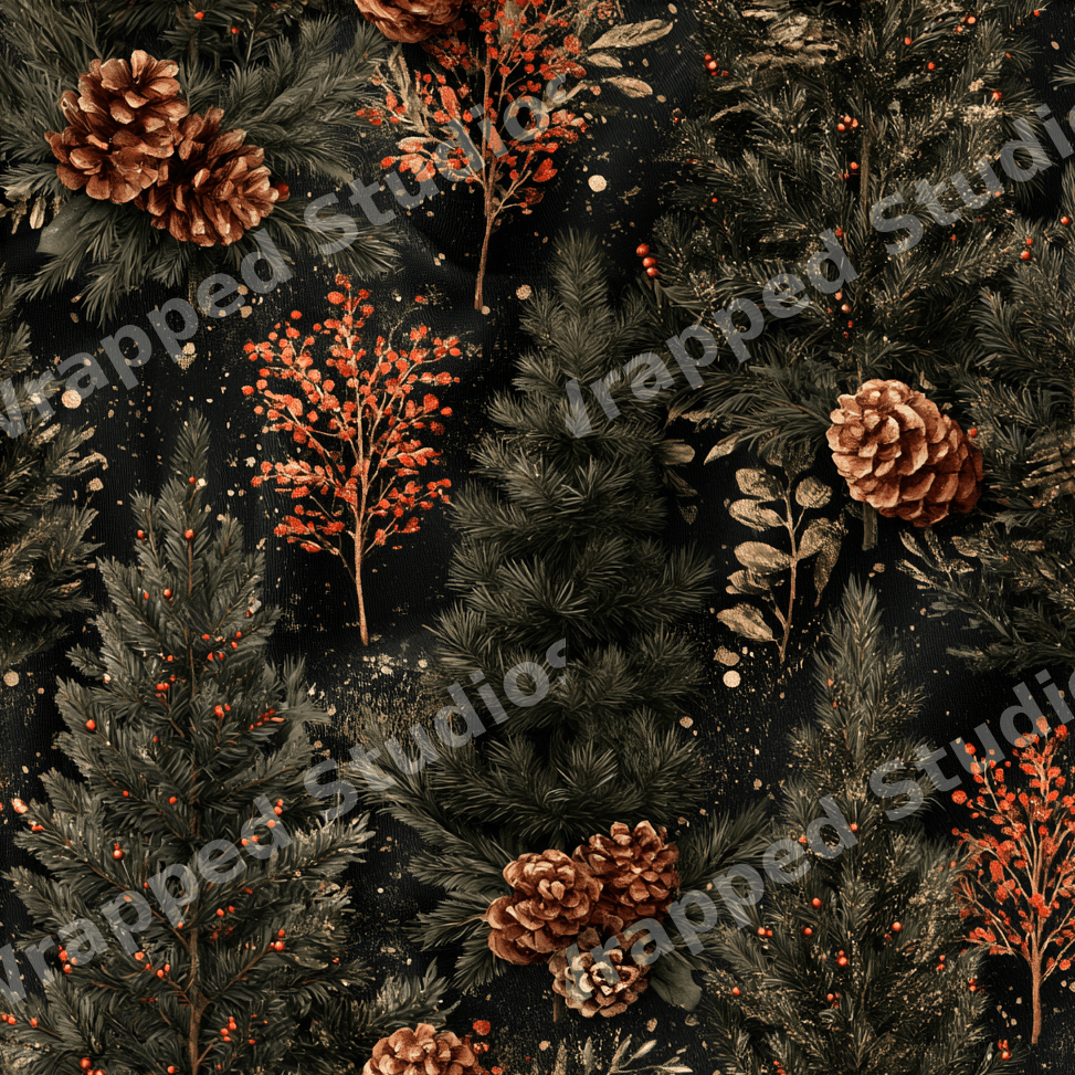 Moody botanical Christmas pattern with pine trees, rustic pinecones, and red berries on a dark background.