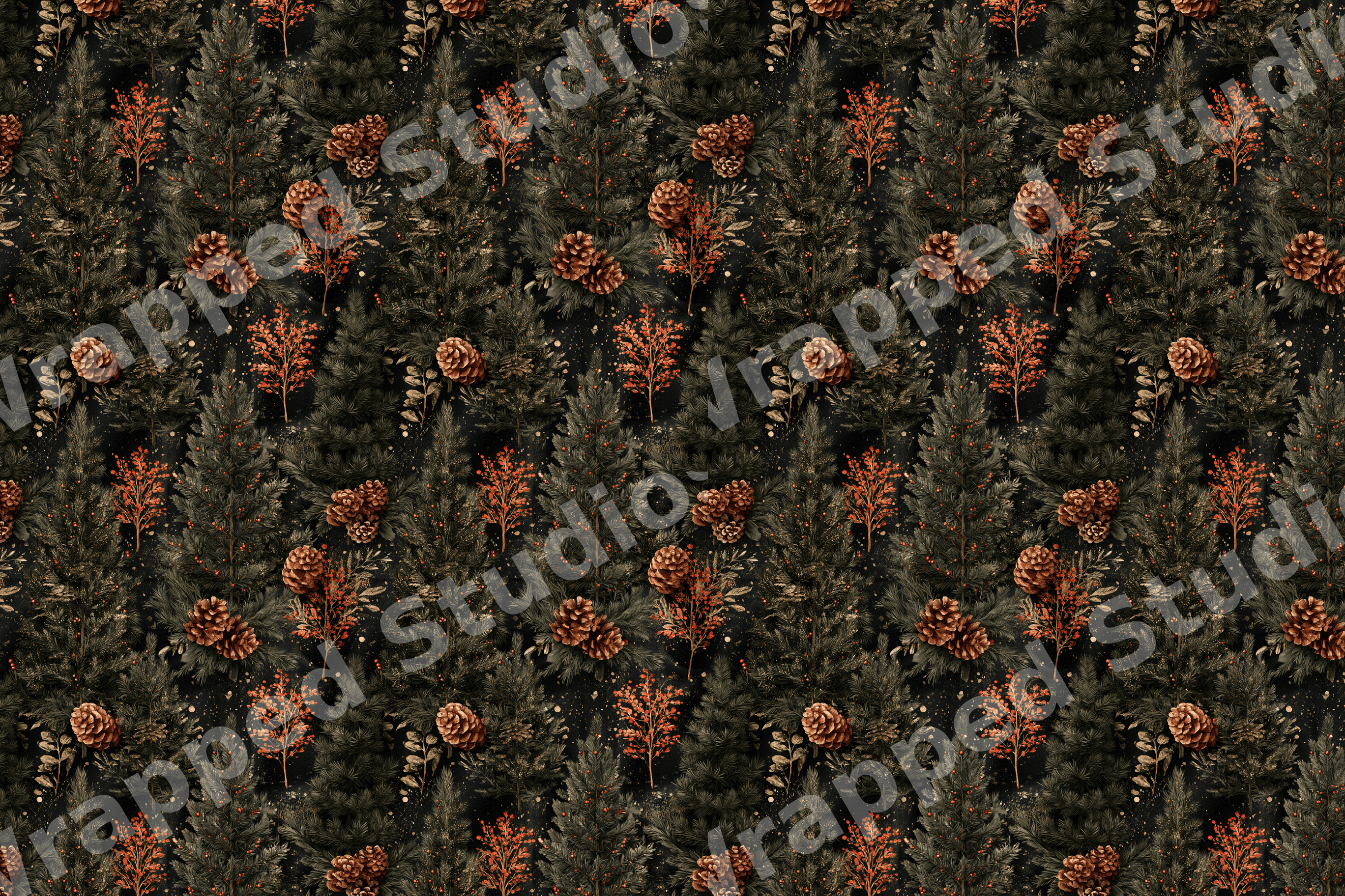 Vintage winter botanical pattern with dark green pine trees, rustic pinecones, and red berries.