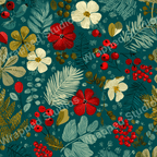 Teal botanical pattern with red berries, white flowers, and stylized foliage.