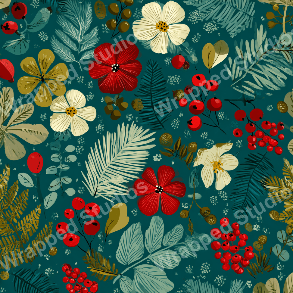 Teal botanical pattern with red berries, white flowers, and stylized foliage.
