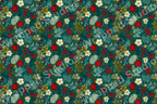 Elegant floral pattern with red, white, and golden flowers, green leaves, and red berries on a teal background.