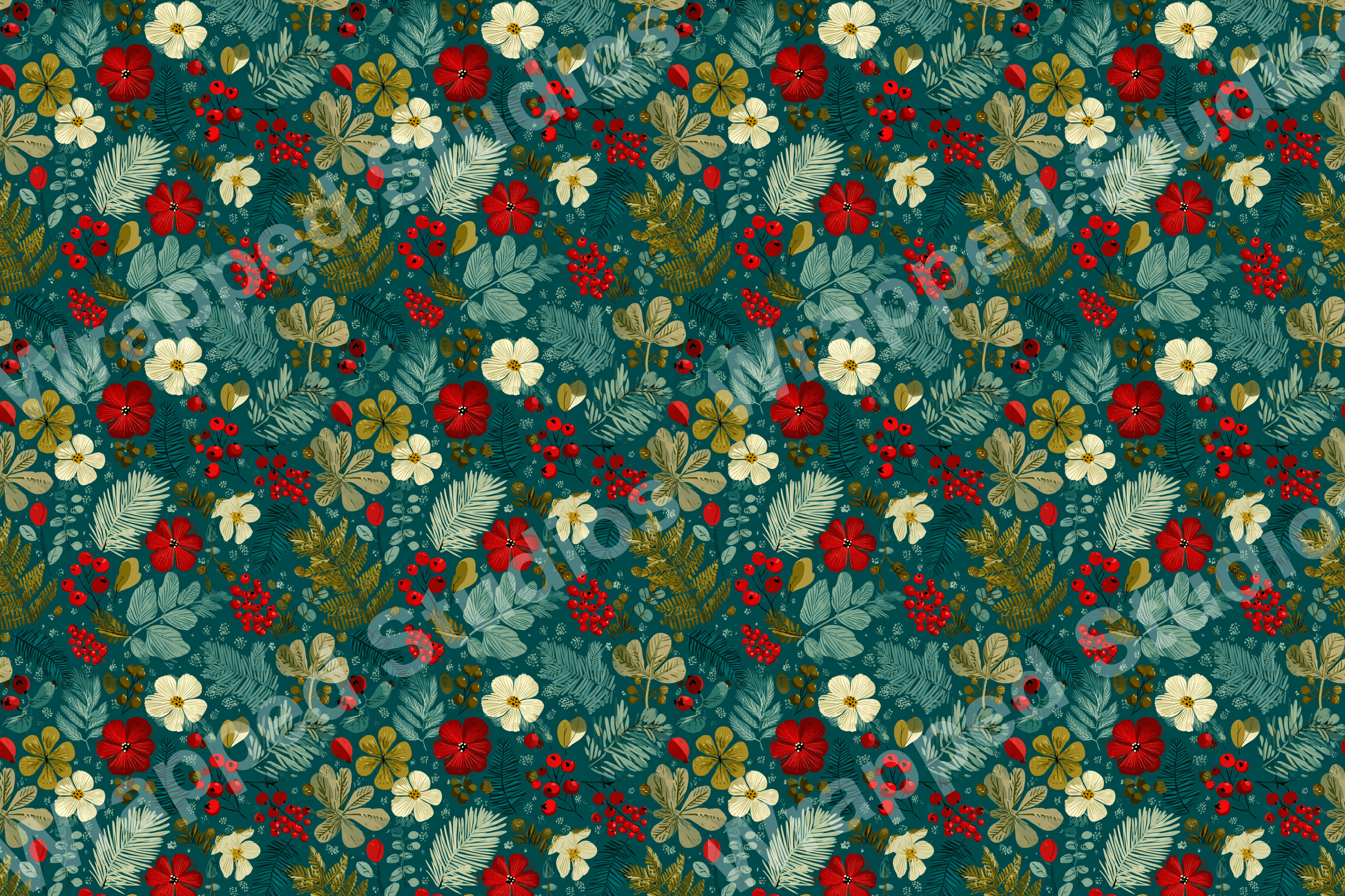 Elegant floral pattern with red, white, and golden flowers, green leaves, and red berries on a teal background.