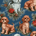 Vintage Christmas dog pattern featuring cute puppies, pine branches, and red berries on a blue background.