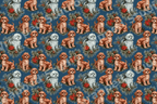 Vintage holiday dog pattern with fluffy brown and white puppies, pine branches, and red berries on dark blue.