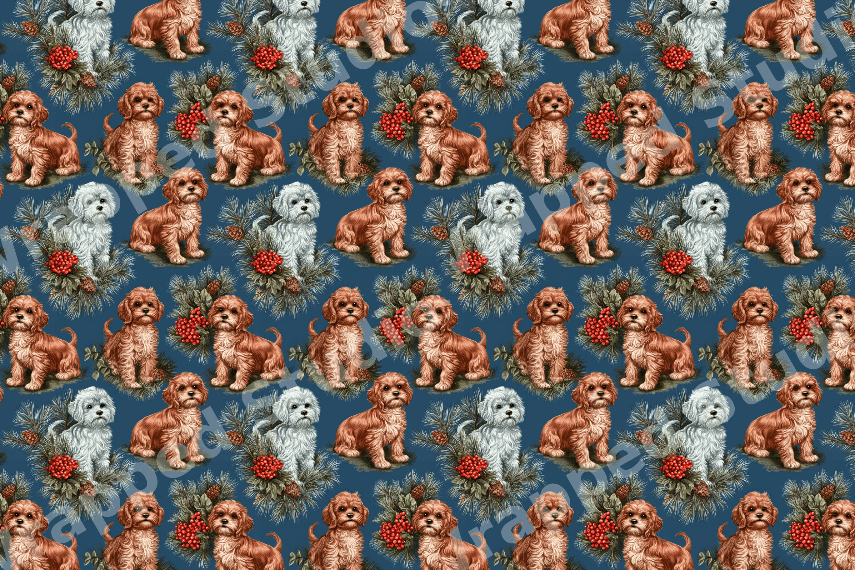 Vintage holiday dog pattern with fluffy brown and white puppies, pine branches, and red berries on dark blue.
