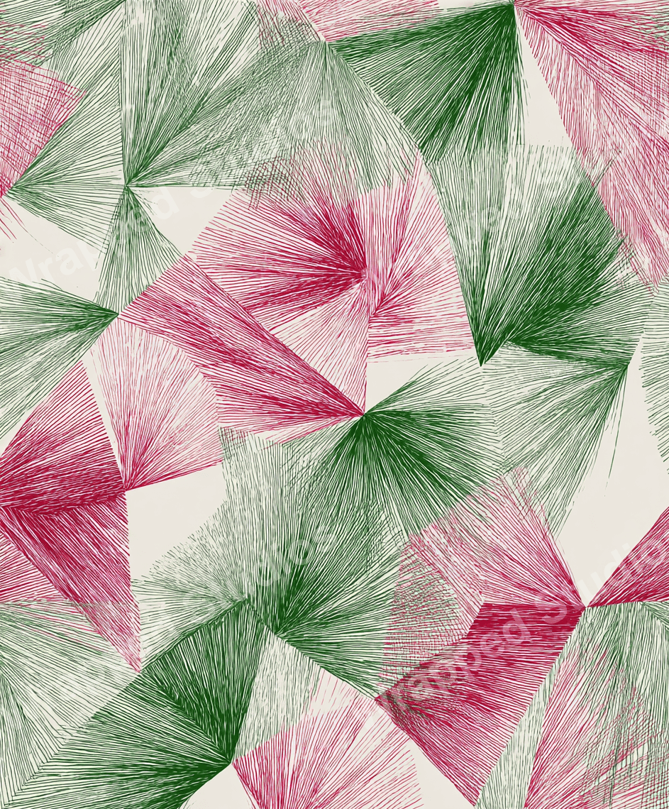 Abstract geometric pattern with textured, radiating lines in cranberry red and forest green, creating a festive modern print.
