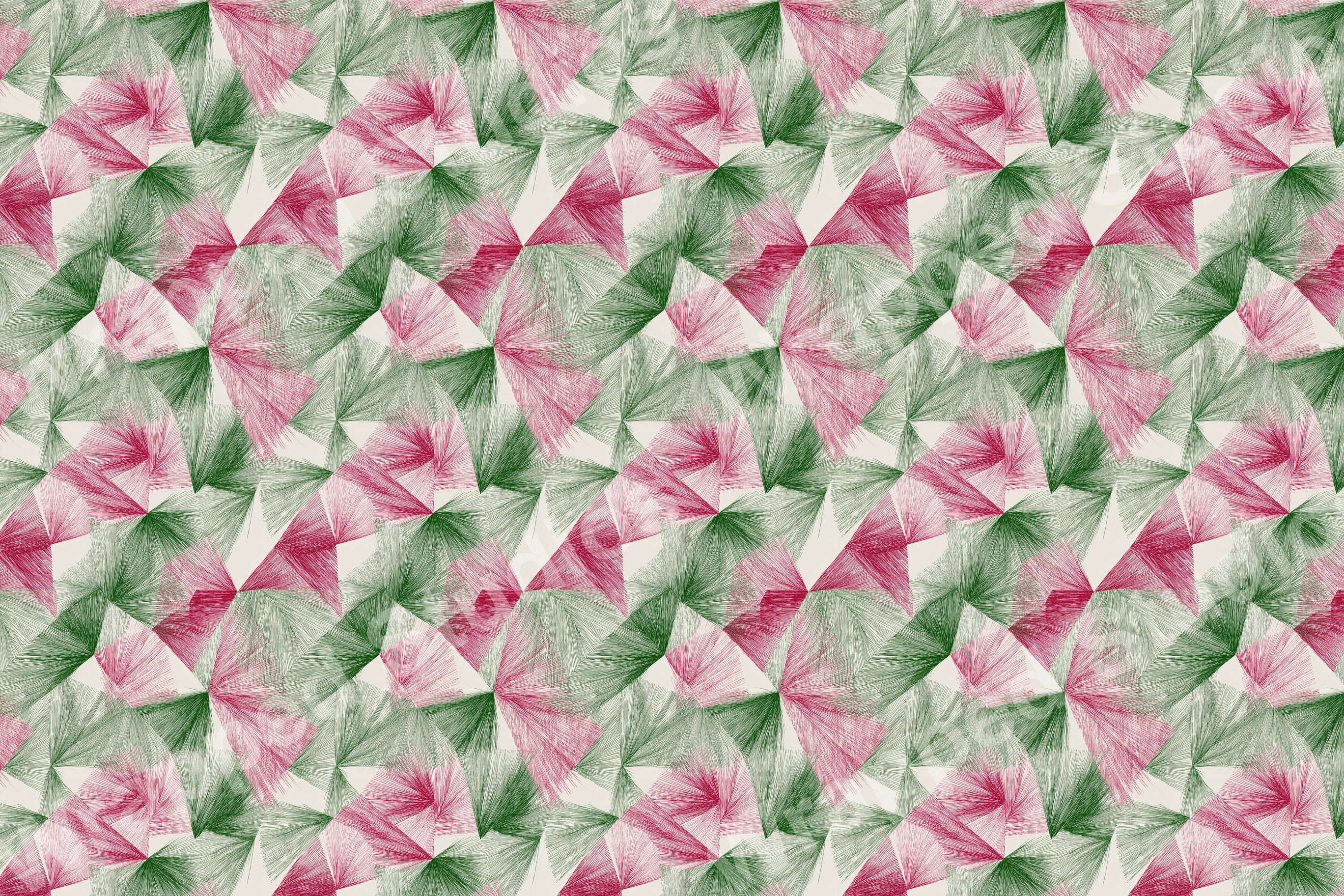 Abstract geometric pattern with textured, overlapping triangles in forest green and deep rose.