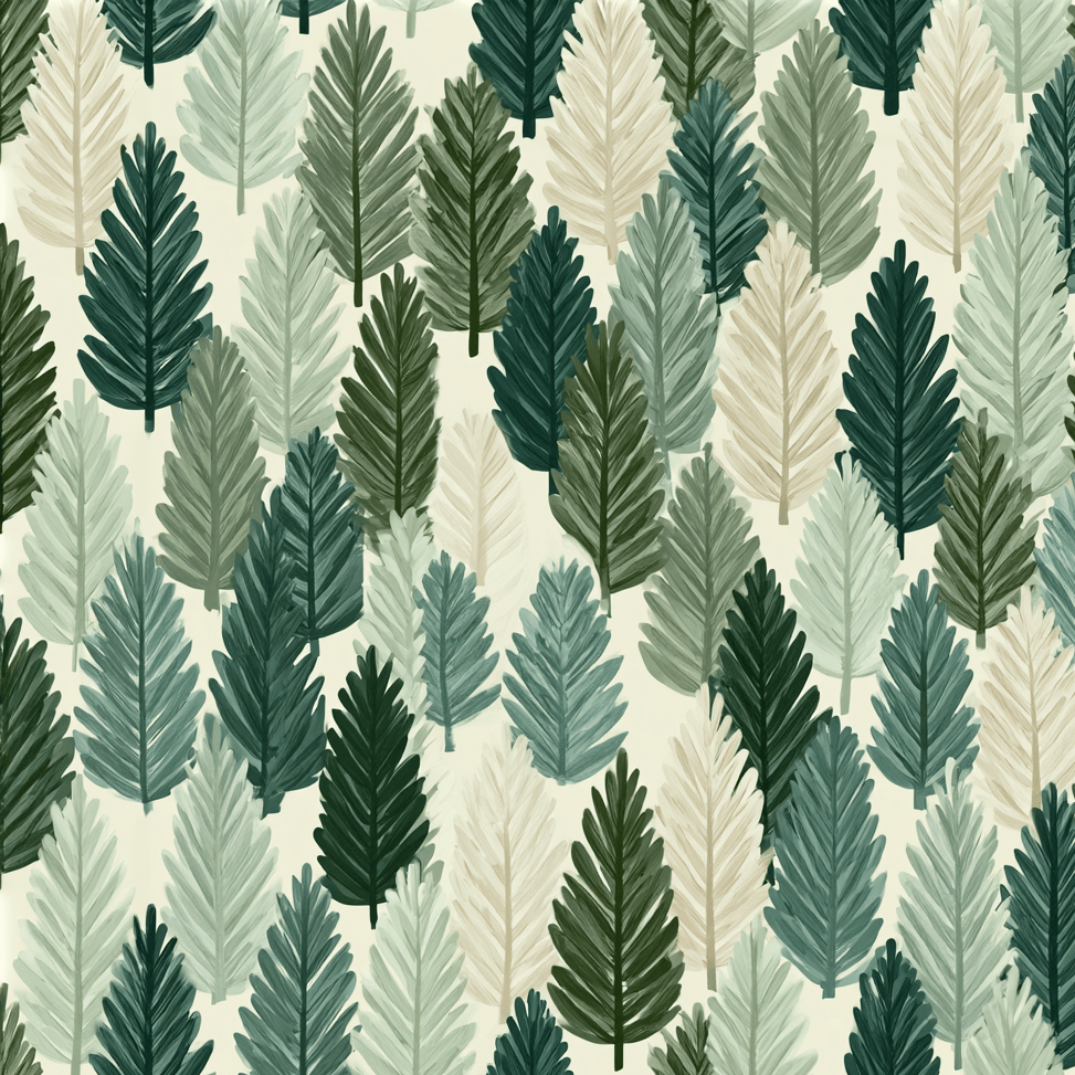 Seamless forest pattern with hand-painted sage, cream, and forest green leaves in a vintage botanical design.