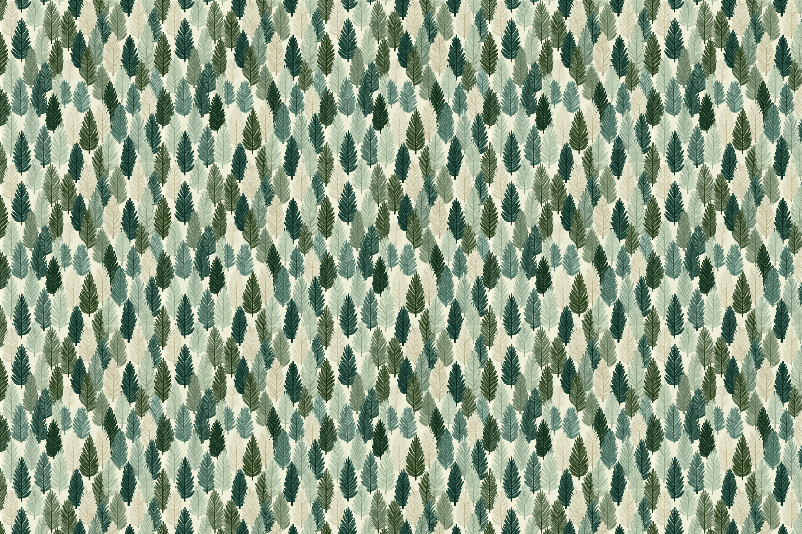 Minimalist woodland forest pattern featuring stylized pine trees in shades of sage green and cream.