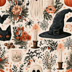 Vintage Halloween seamless pattern with witch hats, black cats, skulls, and orange florals on cream.