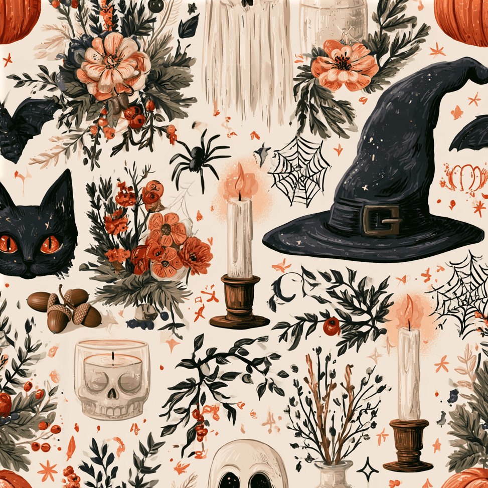 Vintage Halloween seamless pattern with witch hats, black cats, skulls, and orange florals on cream.
