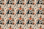 Vintage botanical Halloween pattern with witch hats, black cats, ghosts, and pumpkins on cream.