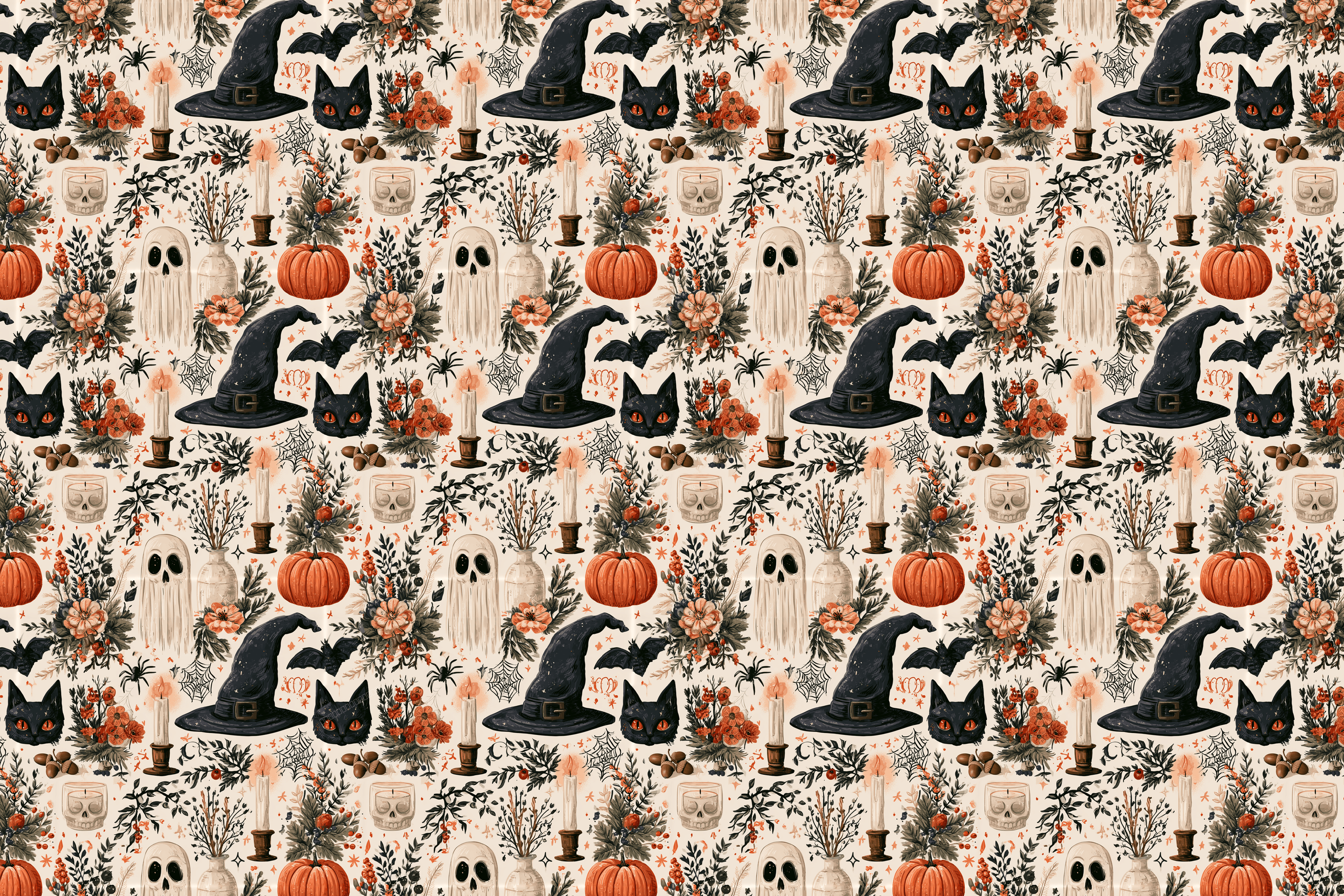 Vintage botanical Halloween pattern with witch hats, black cats, ghosts, and pumpkins on cream.