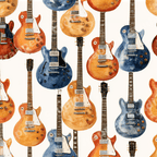 Seamless watercolor pattern of retro electric guitars in shades of blue and orange on a white background.