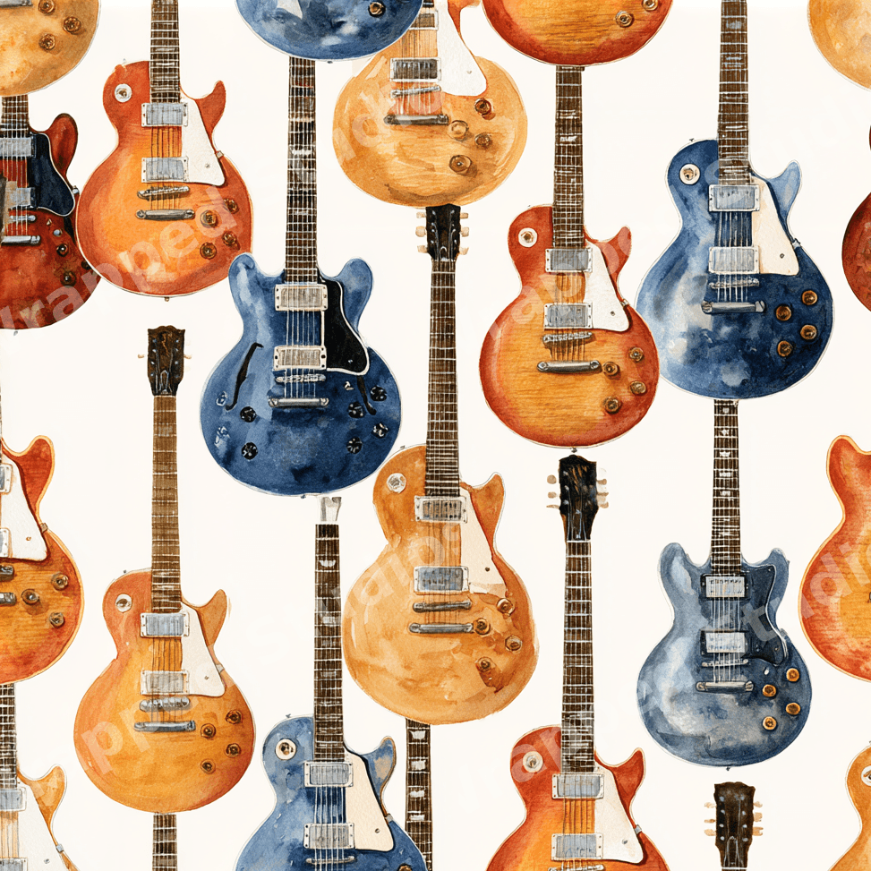 Seamless watercolor pattern of retro electric guitars in shades of blue and orange on a white background.