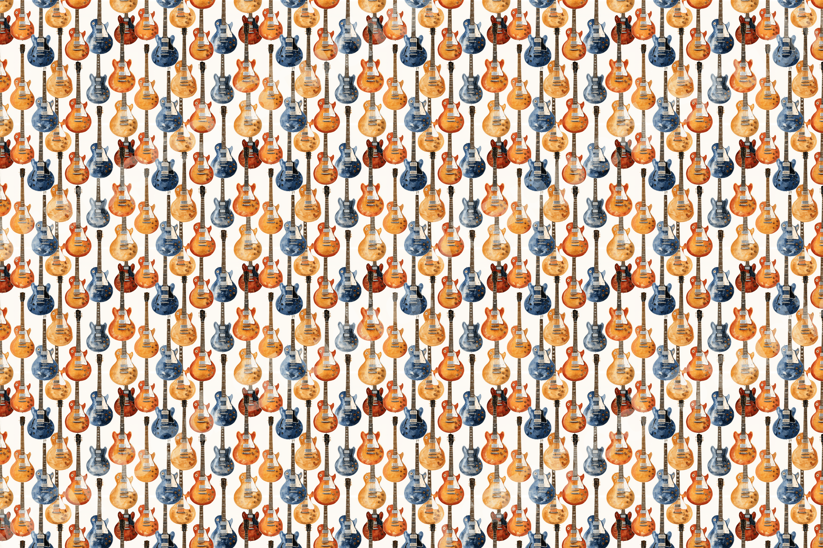 Retro watercolor electric guitar pattern featuring blue and orange musical instruments on white.