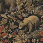 Detailed vintage animal print with bears, foliage, and berries in dark brown and orange on black.
