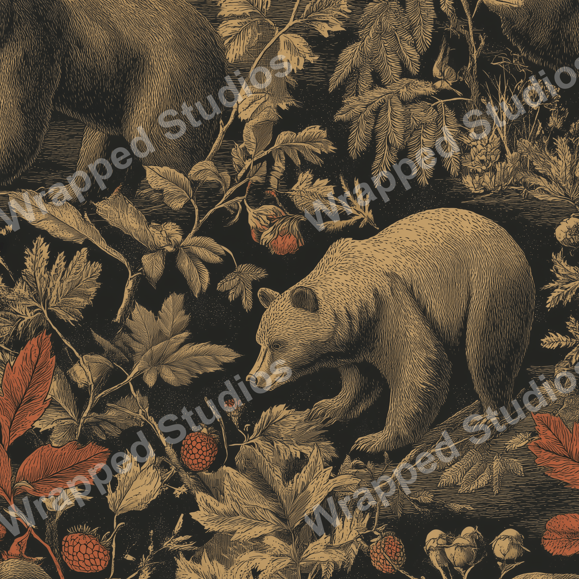 Detailed vintage animal print with bears, foliage, and berries in dark brown and orange on black.