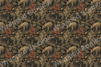 Vintage wildlife design with bears, leaves and berries in neutral and red tones.
