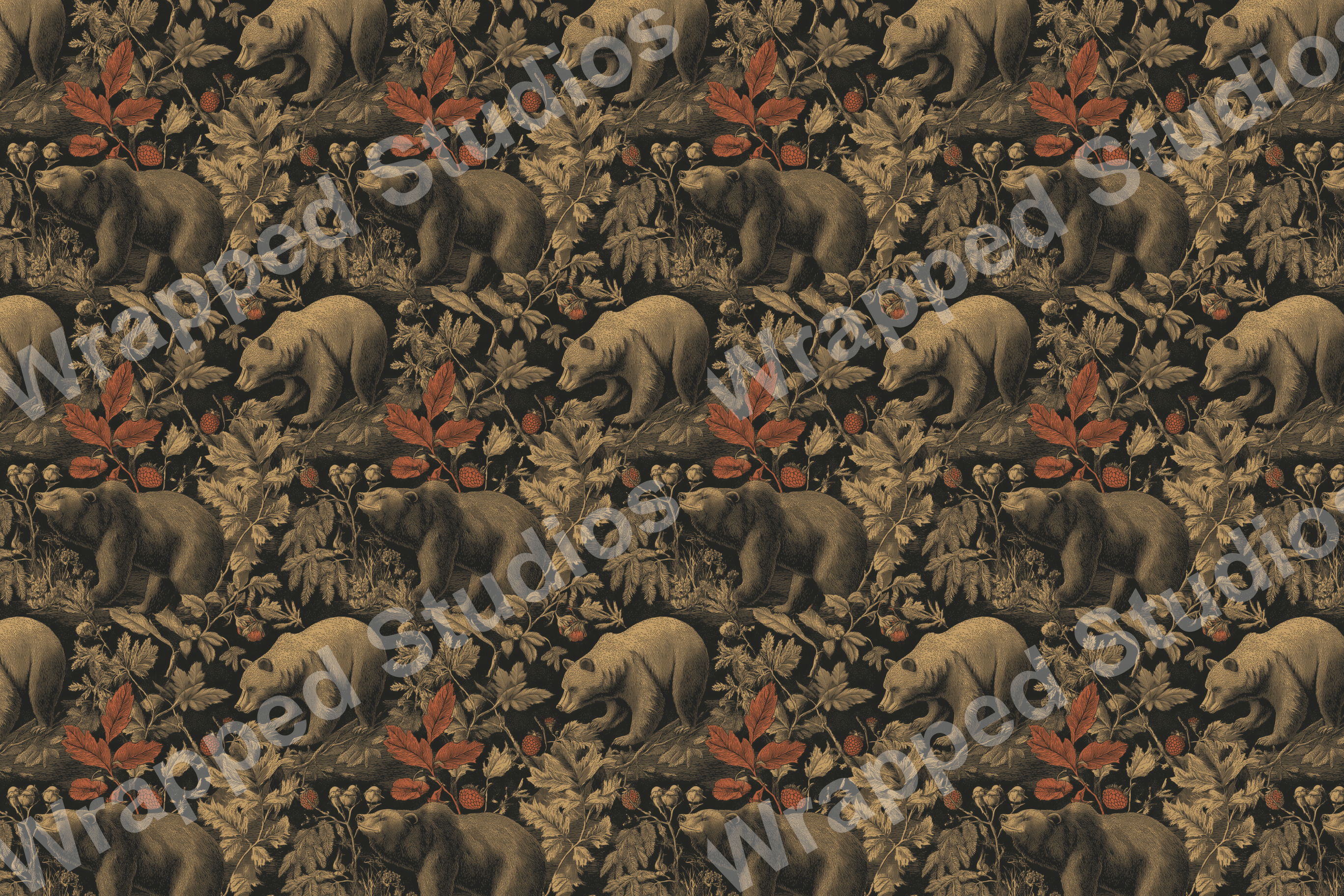 Vintage wildlife design with bears, leaves and berries in neutral and red tones.