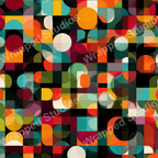 Bold geometric pattern of overlapping circles and squares in a retro color palette.