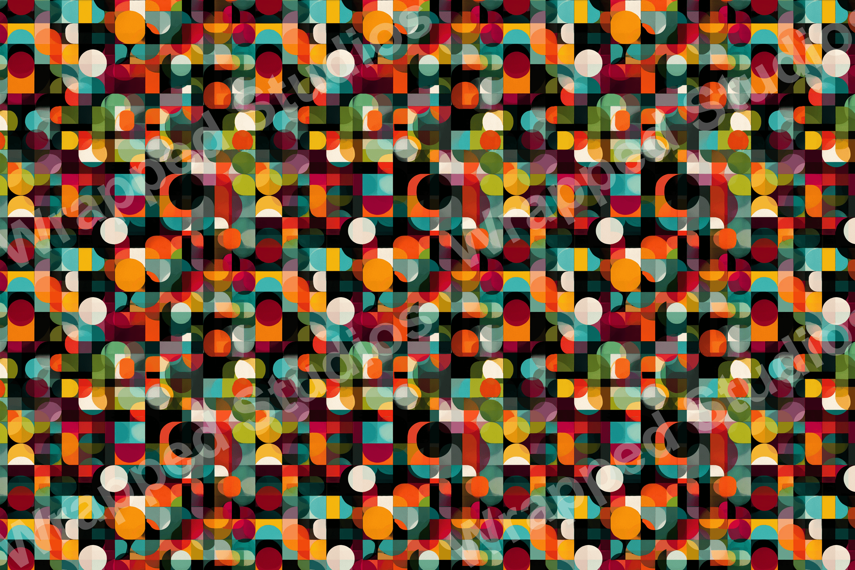 Bold geometric pattern with layered circles and squares in a retro color palette.