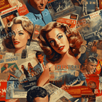 Vintage collage pattern featuring Hollywood glamour imagery and retro advertisements in red, blue, and beige tones.