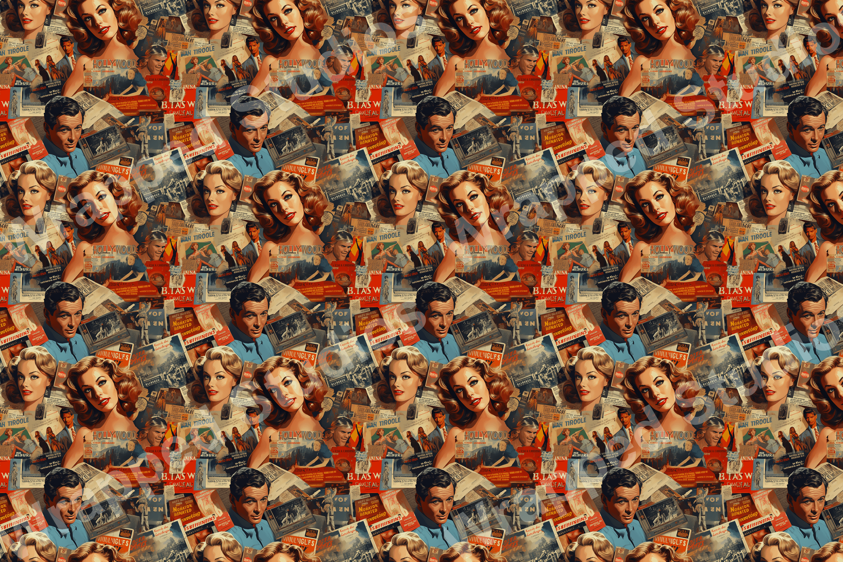 Retro design pattern featuring 1950s glamour, vintage ephemera, and warm, inviting color tones.