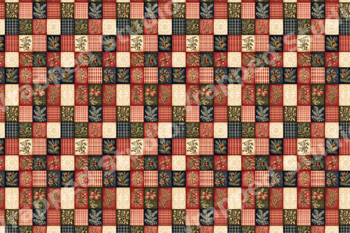 Rustic Christmas patchwork pattern with red plaid, pine needles, and vintage botanical motifs.