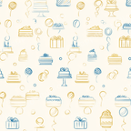 Playful line art pattern of birthday cakes, gifts, and balloons in blue and gold on cream.
