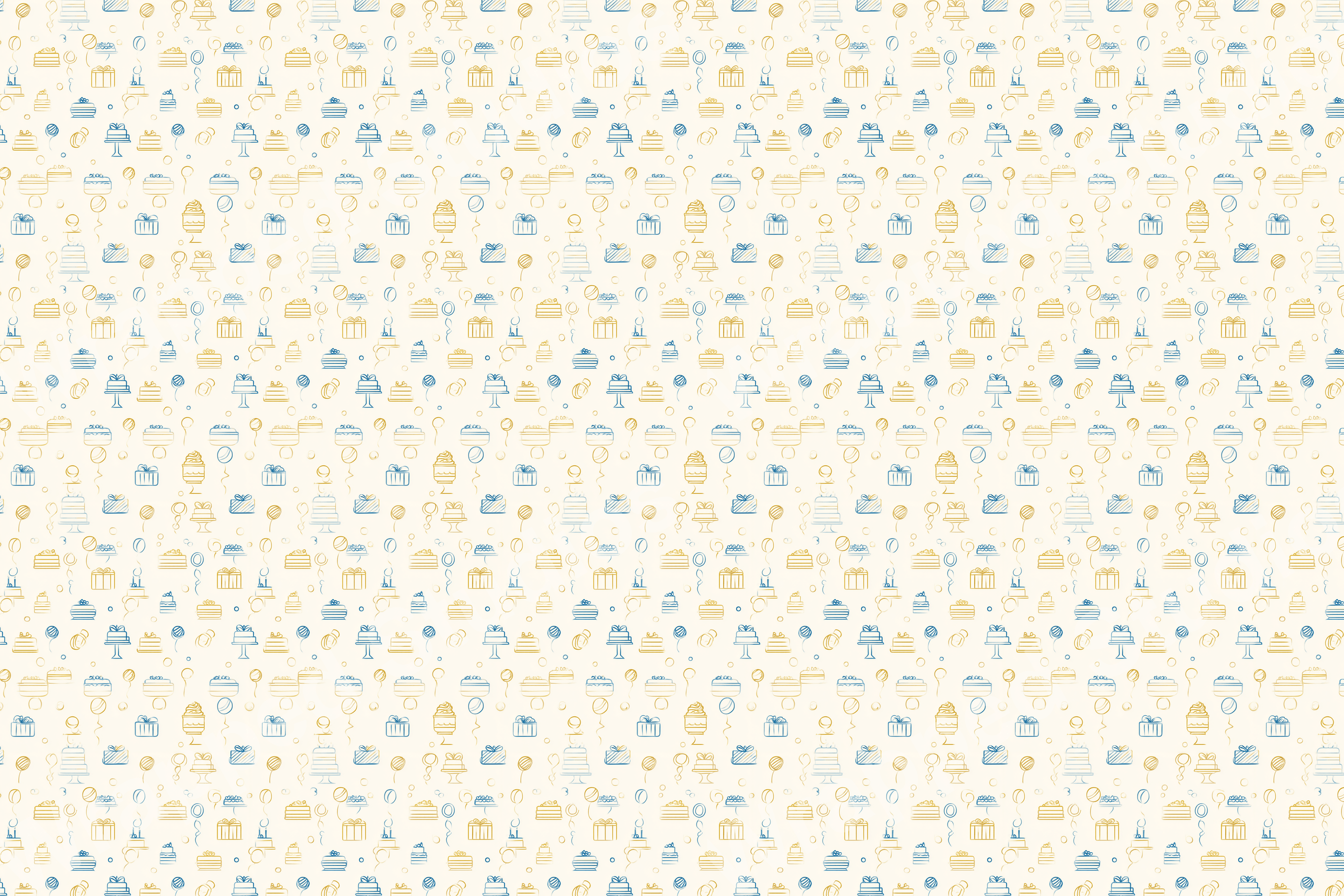 Festive pattern with line art style birthday cakes, gifts, and balloons in gold and blue.