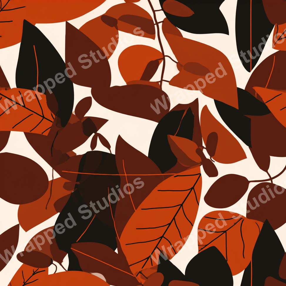 Seamless botanical pattern with stylized leaves in shades of brown, rust, and black.