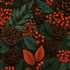 Moody vintage botanical pattern featuring pinecones, red berries, and dark green pine needles.