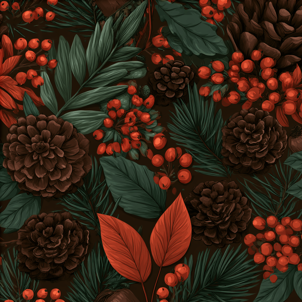Moody vintage botanical pattern featuring pinecones, red berries, and dark green pine needles.