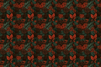 Rustic holiday pattern featuring vintage botanical pinecones, red berries, and evergreen pine branches.
