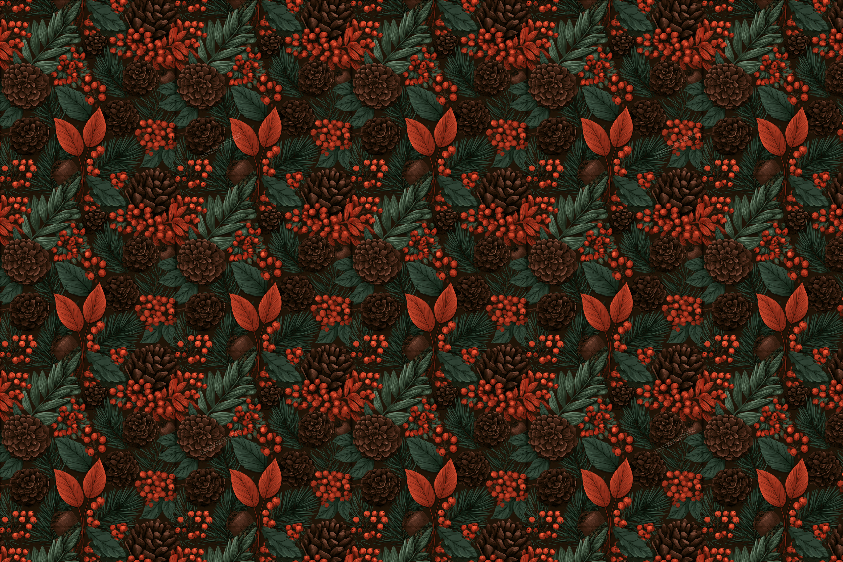 Rustic holiday pattern featuring vintage botanical pinecones, red berries, and evergreen pine branches.