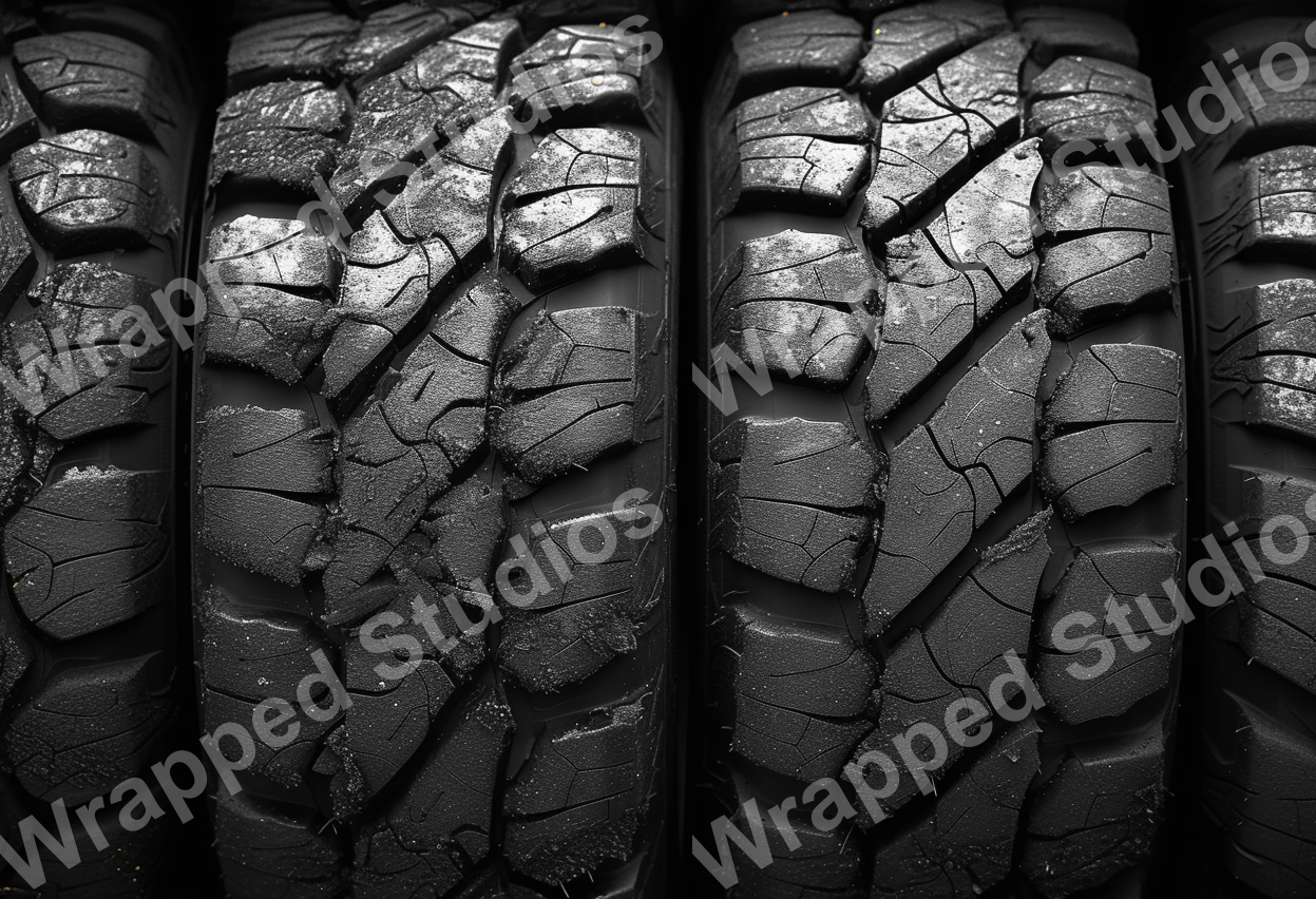 Monochrome tire tread pattern with blocky, angular grooves creating a modern, abstract print.