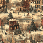 Vintage Christmas town pattern with snow-covered buildings and figures in muted, elegant colors.