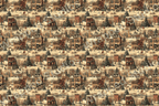 Vintage pattern of a snowy Victorian village scene, featuring architectural details and soft beige, red, and green tones.